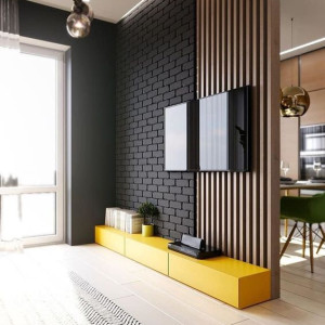 دکور پشت تلویزیون با چوب و آجر