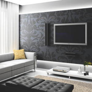 طراحی پشت تلویزیون با کاغذ دیواری تیره مشکی