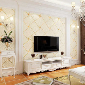 طراحی پشت تلویزیون با کاغد دیواری خنثی روشن طرح برجسته
