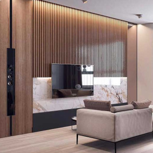 طراحی دیوار پشت تلویزیون با چوب و سنگ مرمر