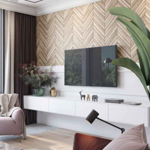 دکور دیوار پشت تلویزیون با پنل چوبی طرح استخوان ماهی