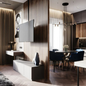 دیزاین دیوار پشت تلویزیون با پنل چوبی عمودی