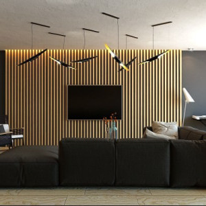 تزیین دیوار پشت تلویزیون با پنل چوبی عمودی