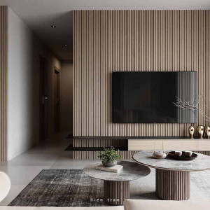 دکور پشت تلویزیون با دیوارپوش چوبی عمودی