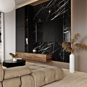 طراحی دیوار پشت تلویزیون با چوب و سنگ مرمر سیاه