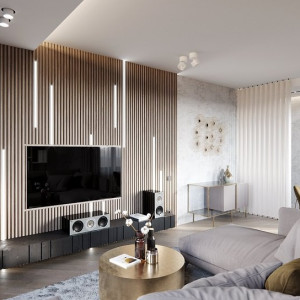 دکور دیوار پشت تلویزیون با پنل چوبی عمودی