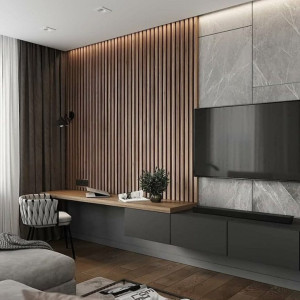 دیزاین دیوار پشت تلویزیون با پنل چوبی و سنگ