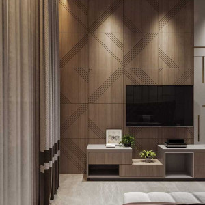 دیزاین دیوار پشت تلویزیون با چوب طرح دار