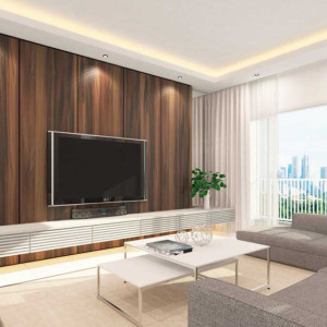 دکور پشت تلویزیون با دیوارپوش چوبی تیره