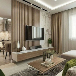 طراحی دیوار پشت تلویزیون با چوب و سنگ مرمر