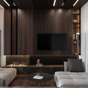 تزیین دیوار پشت تلویزیون با چوب تیره