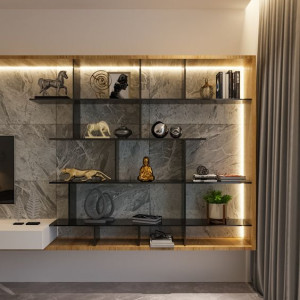 طراحی دیوار پذیرایی با شلف