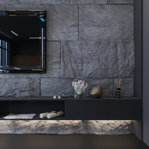 دیزاین دیوار پشت تلویزیون با سنگ تیره در نشیمن روستیک