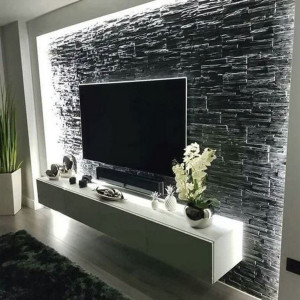 دکور دیوار پشت تلویزیون با سنگ آنتیک تیره