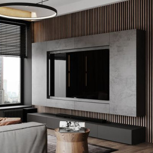 دیزاین دیوار پشت تلویزیون با پنل های چوبی عمودی و باکس کناف