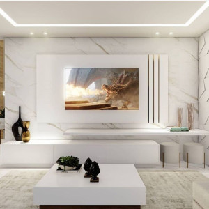 دکور پشت تلویزیون با دیوارپوش طرح سنگ مرمر سفید و کناف