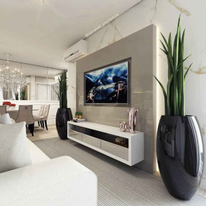 طراحی دیوار پشت تلویزیون با کناف طوسی و دیوارپوش طرح سنگ مرمر