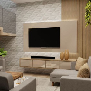 دکور دیوار تلویزیون با دیوارپوش سه بعدی سفید، کناف و پنل چوبی عمودی