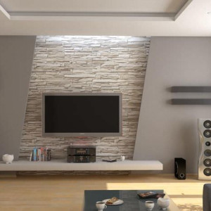 تزیین پشت تلویزیون با کناف طوسی و سنگ آنتیک قیچی