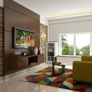 دکور دیوار پشت تلویزیون با پنل چوبی و سنگ آنتیک