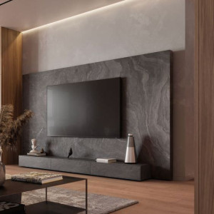 طراحی دیوار پشت تلویزیون با دیوارپوش طرح سنگ مشکی
