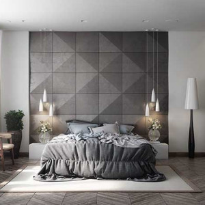 اتاق خواب ساده و شیک مدرن سفد طوسی با دیوار تاکیدی