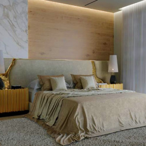 اتاق خواب مستر مدرن شیم با دیوار تاکیدی چوبی