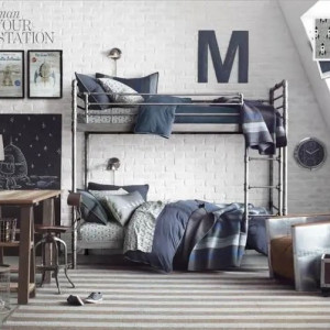 اتاق خواب پسرانه نوجوان و جوان مشترک سفید آبی به سبک صنعتی و تخت دو طبقه فلزی