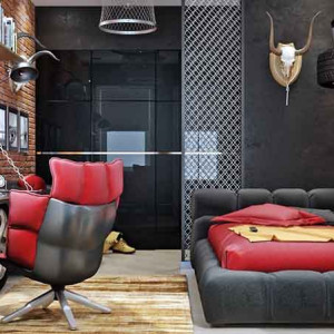 دیزاین اتاق خواب پسرانه جوان و نوجوان مشکی قرمز به سبک صنعتی