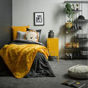 اتاق خواب پسرانه جوان و نوجوان طوسی زرد مدرن به سبک صنعتی