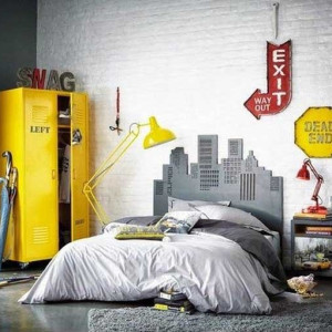 اتاق خواب پسرانه جوان و نوجوان طوسی زرد به سبک صنعتی