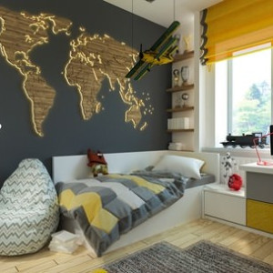 اتاق خواب پسرانه نوجوان مشکی زرد با استیکر دیواری نقشه جهان و تم سفر و ماجراجویی