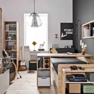 اتاق خواب پسرانه نوجوان طوسی سفید مدرن کوچک با تم موسیقی