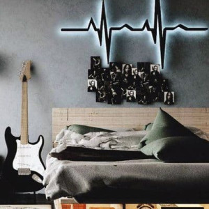 اتاق خواب پسرانه جوان طوسی مشکی با تم دکوراسیون موسیقی و گیتار