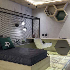 اتاق خواب پسرانه نوجوان سبز سفید با تم ورزشی فوتبال