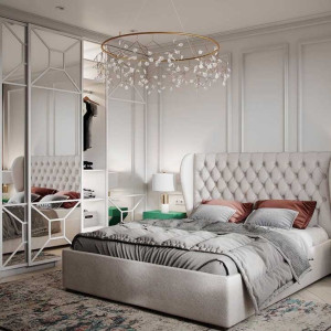 اتاق خواب ندوکلاسیک مدرن سفید طوسی با تخت پارچه ای لمسه ای