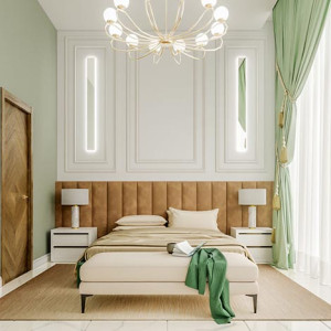 اتاق خواب نئوکلاسیک مدرن سفید قهوه ای سبز با تاج لمسه ای قهوه ای