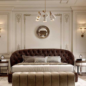 اتاق خواب نئوکلاسیک مدرن سفید قهوه ای با تخت پارچه ای چستر