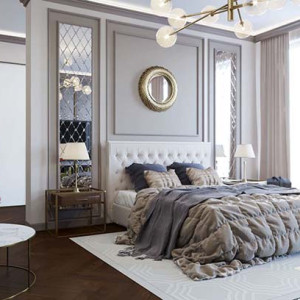 اتاق خواب نئوکلاسیک مدرن طوسی با تخت سفید لمسه ای