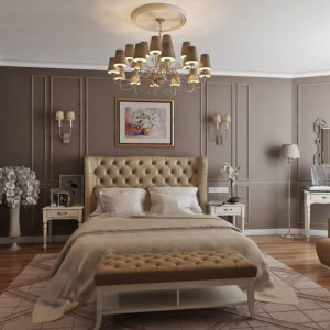 اتاق خواب نئوکلاسیک مدرن قهوه ای با تخت چستر کرم