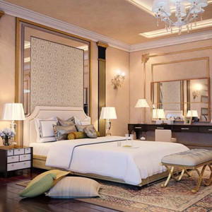 اتاق خواب نئوکلاسیک مدرن کرم با تخت پارچه ای سفید