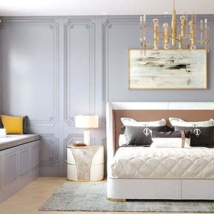 اتاق خواب نئوکلاسیک مدرن طوسی با تخت پارچه ای سفید