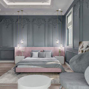 اتاق خواب نئوکلاسیک مدرن با دیوار خاسکتری و تخت پارچه ای صورتی