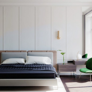 اتاق خواب مدرن با رنگ طوسی و تخت خواب پارچه ای