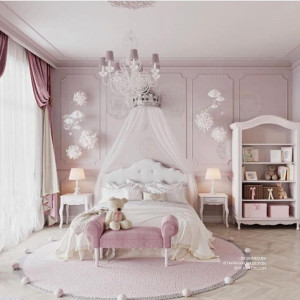 دکوراسیون اتاق خواب دخترانه کودک رویایی و شیک پاستلی لوکس با تور بالای تخت سفید