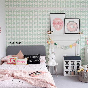 دکوراسیون اتاق خواب دخترانه کودک مدرن سبز سفید ساده و شیک