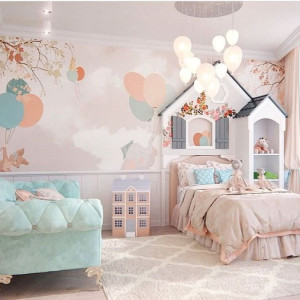 دکوراسیون اتاق خواب دخترانه کودک کرم آبی شیک و لاکچری