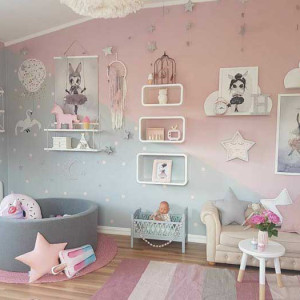 دکوراسیون اتاق خواب دخترانه کودک صورتی طوسی شیک