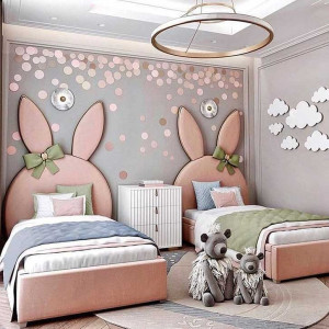 دکوراسیون اتاق خواب دخترانه کودک شیک و رویایی طوسی صورتی با تخت فانتزی پارچه ای طرح خرگوش