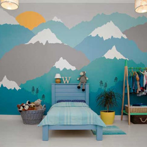 دکوراسیون اتاق خواب پسرانه آبی با تم طبیعت و کوه